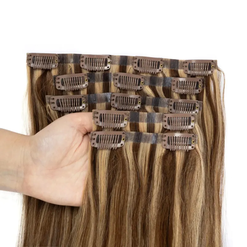 PU Seamless Clip In Hair Extensions Real Natural Invisible PU Tape Weft Clip Ins Machine Remy 12-24inch Invisible Clip Ins 7PCS