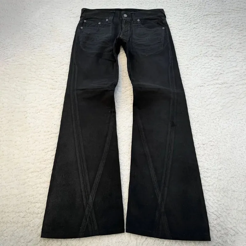 Vintage X Rayแว็กซ์Tribalเย็บปักถักร้อยผู้ชายFlaredกางเกงยีนส์Gothic High Street Unisex Punk Slim Fitกางเกงยีนส์Y2K Baggyกางเกงยีนส์Flared