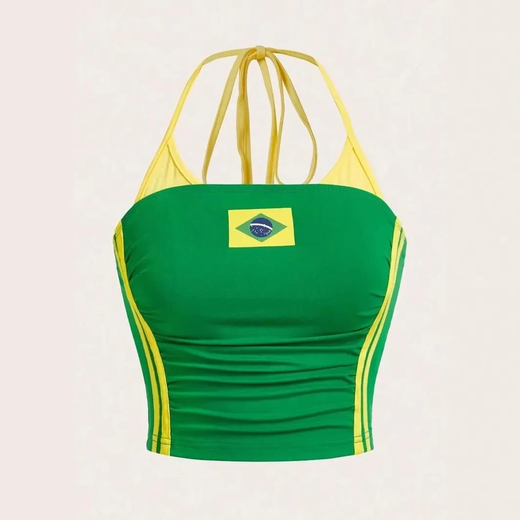 Women Brazil Flag Print Halter Crop Top Color Block Stripe Sleeveless Slim Y2K Summer Streetwear Going Out Sports Cami Tank Top — image 3