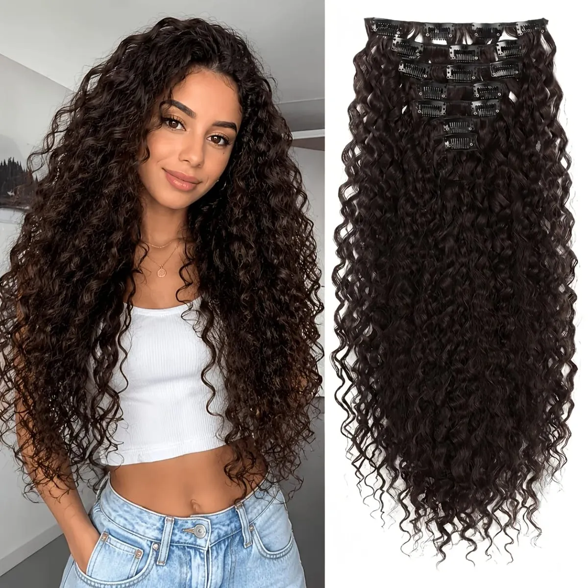 7pcs Clip In Curly Hair Extensions Suitable for Women - 50.8 cm Deep Wave Synthetic Hair with Clips Heat Resistant Fiber — image 2