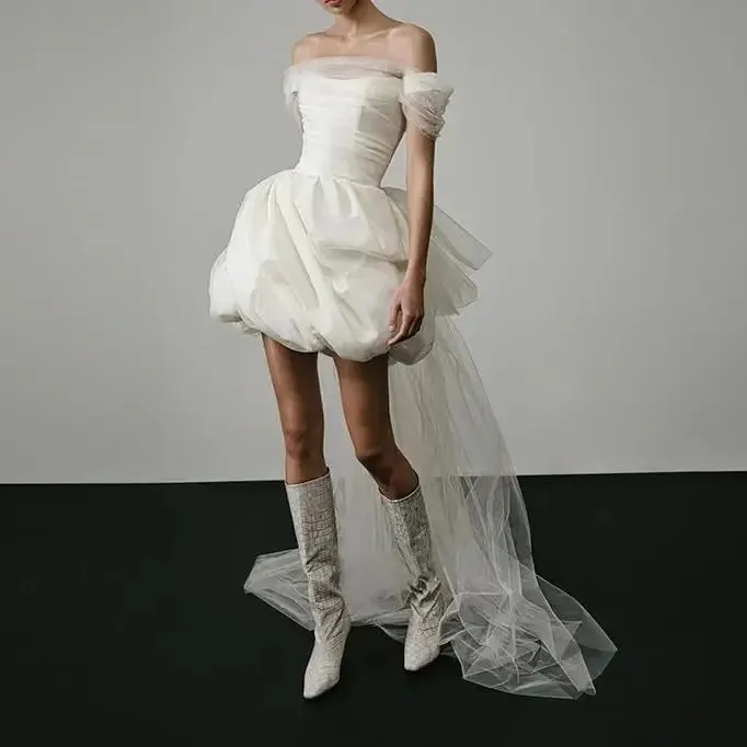 Neue elegante, leichte Brautkleider für Frauen, weißes, sexy Braut-Minikleid mit Netzstoff, Braut-Luxus-Party-Vestidos