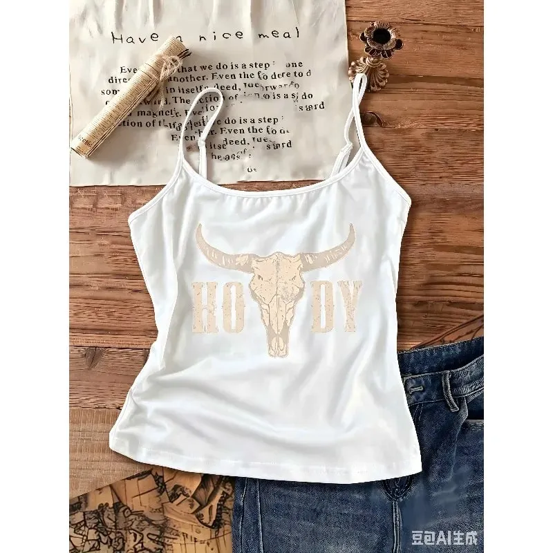 Women Western Cowboy Boots Print Spaghetti Strap Cami Top Vintage Distressed Letter Graphic Sleeveless Crop Tank Top Country