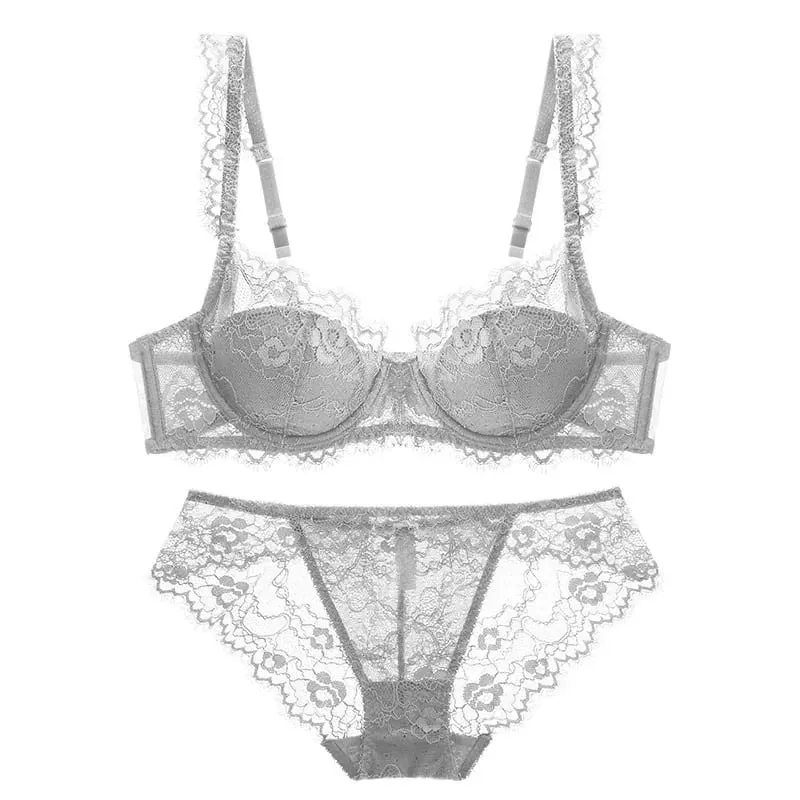 Lightly Lined Eyelash Lace Thin Cup Bra and Panties Set Underwear with Push Up Soft Comfortable Breathable Sexy Female Lingerie — image 2