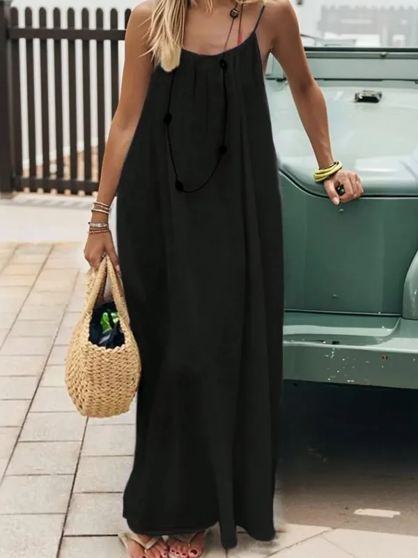 Casual Solid Loose Dress For Women Sexy Sleeveless Spaghetti Strap Backless Lace-up Robe Femme Holiday Beach Party Clothes New