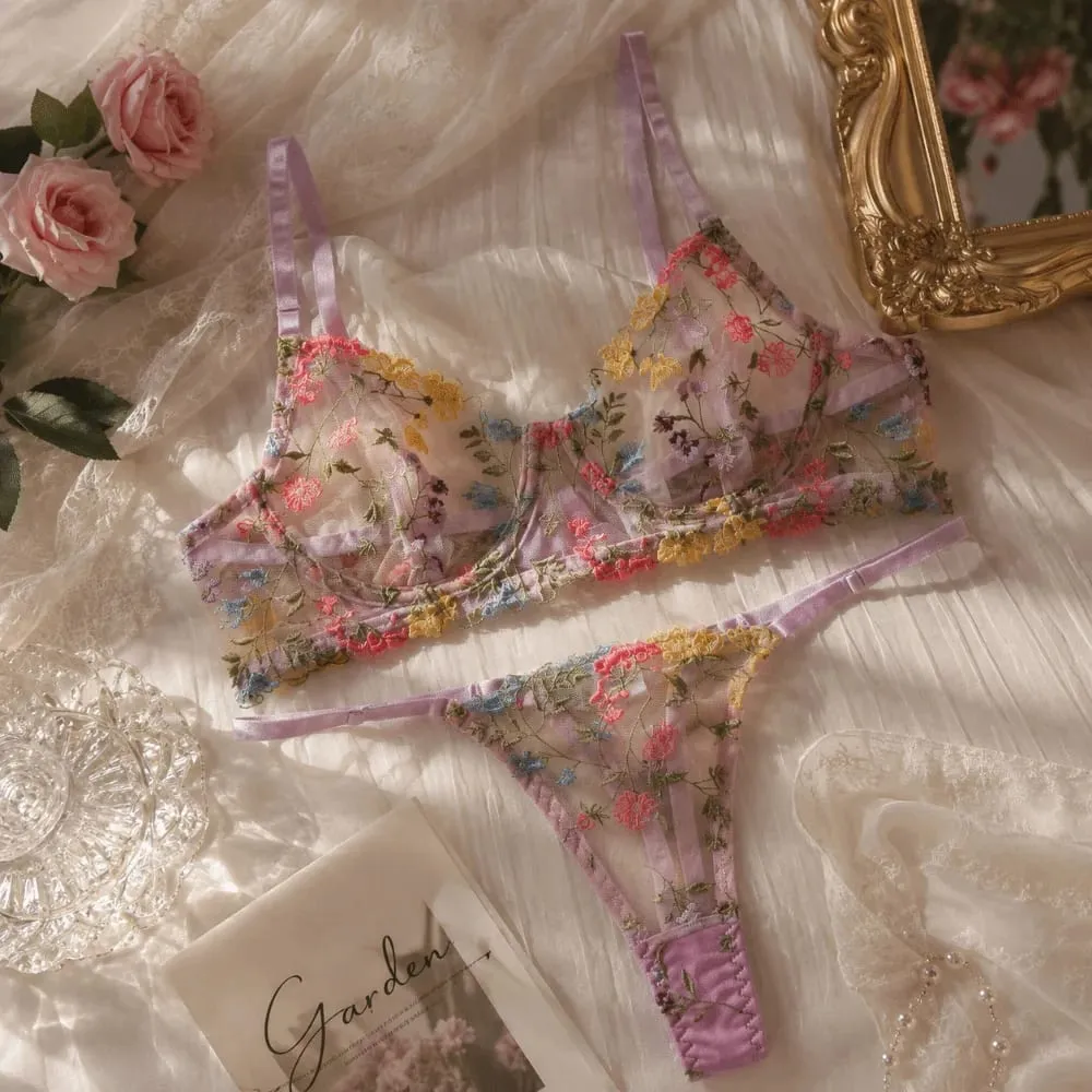 Bohemia Transparent Lingeri Sæt Ultratynde Push Up Trusser BH Sæt Elegant Broderi Blomster Undertøj Pige