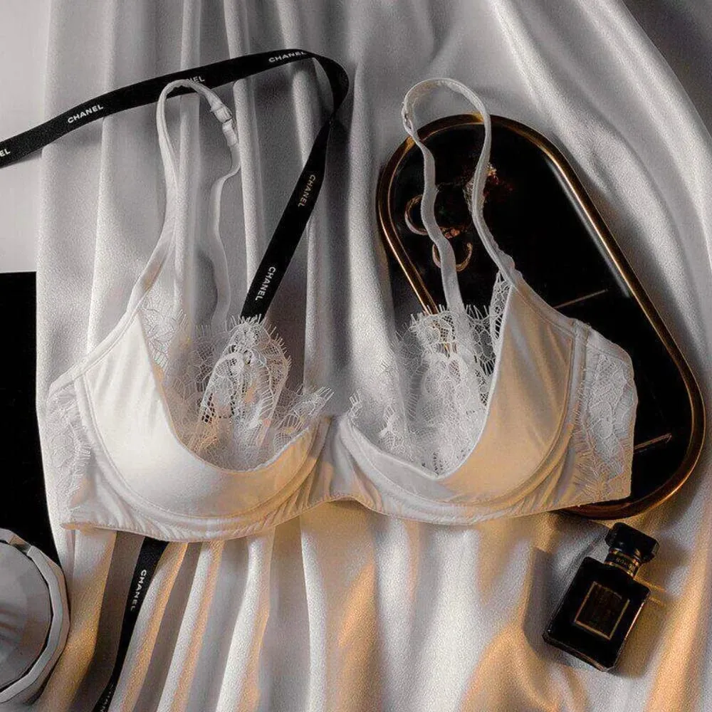 French Sheer Lace Lingerie Set Half Cup Thin Unlined Minimizer Bra Underwire Lift Support Large Bust Ladies Matching Briefs S-XL — image 5