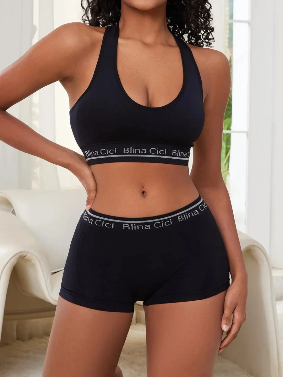 Women's Letter Print 2 Piece Scoop Neck Bra and Mid Rise Boyshort Lingerie Set