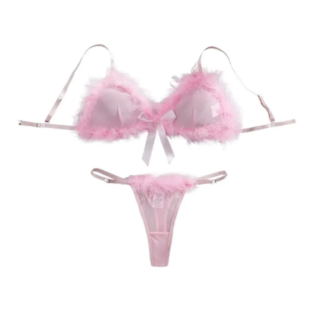 Furry Women's Underwear Wireless Mesh Transparent Lingerie Set Romantic Intimate Bow Decor Bra Panties Suit Anniversary