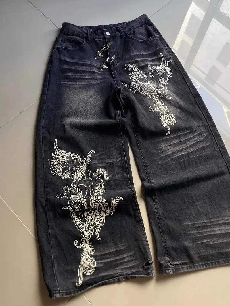 American Vintage New Pattern Printing Black Baggy Jeans Men Y2K Gothic Harajuku Hip Hop Popular Casual Joker Wide-leg Pants — image 3