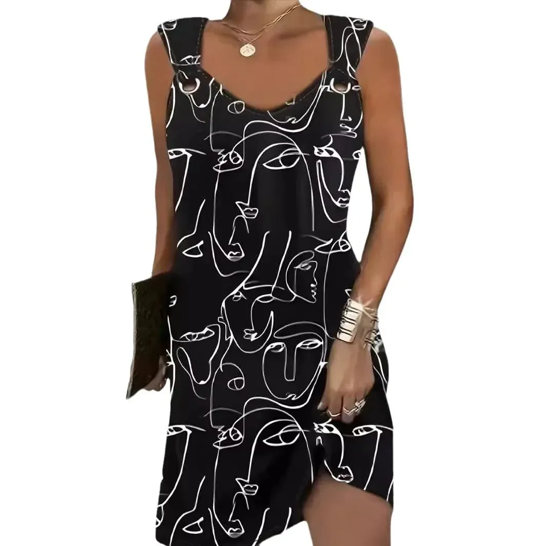Summer Street Fashion 3D Abstract Pattern Button Design Dress Women's Casual Print Dress