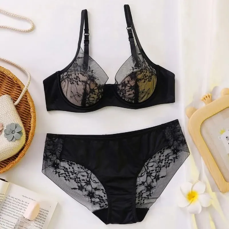 Women Bra and Panty Set Elegant Lace Bralette Wireless Triangle Cup No Underwire Underwear Thin Gathered Comfort Lingerie Set — image 7