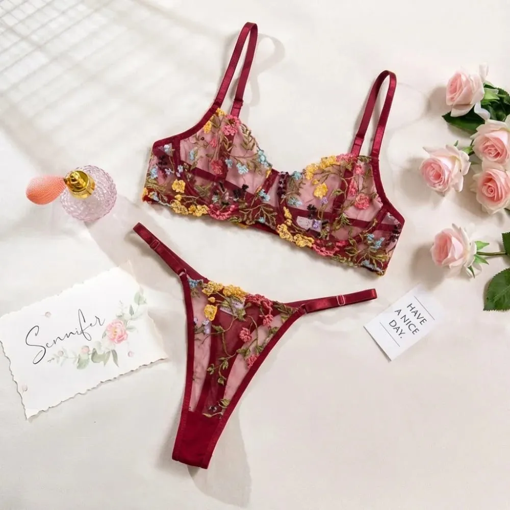 2dílná sada květinového spodního prádla Průsvitné všestranné spodní prádlo Intimky Výšivka Kostice Push-up Bra Kalhotky pro slečnu