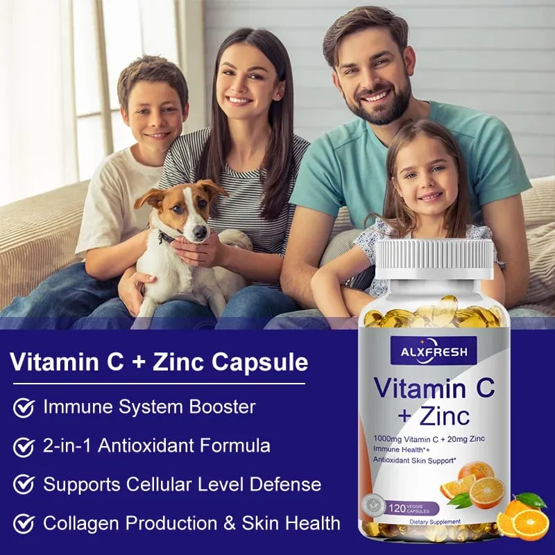 Alxfresh Vitamin C 1000 mg mit Zink 20 mg | Vitamin-Nahrungsergänzungsmittel | GVO-frei und glutenfrei, vegan | für Caps zur Immununterstützung