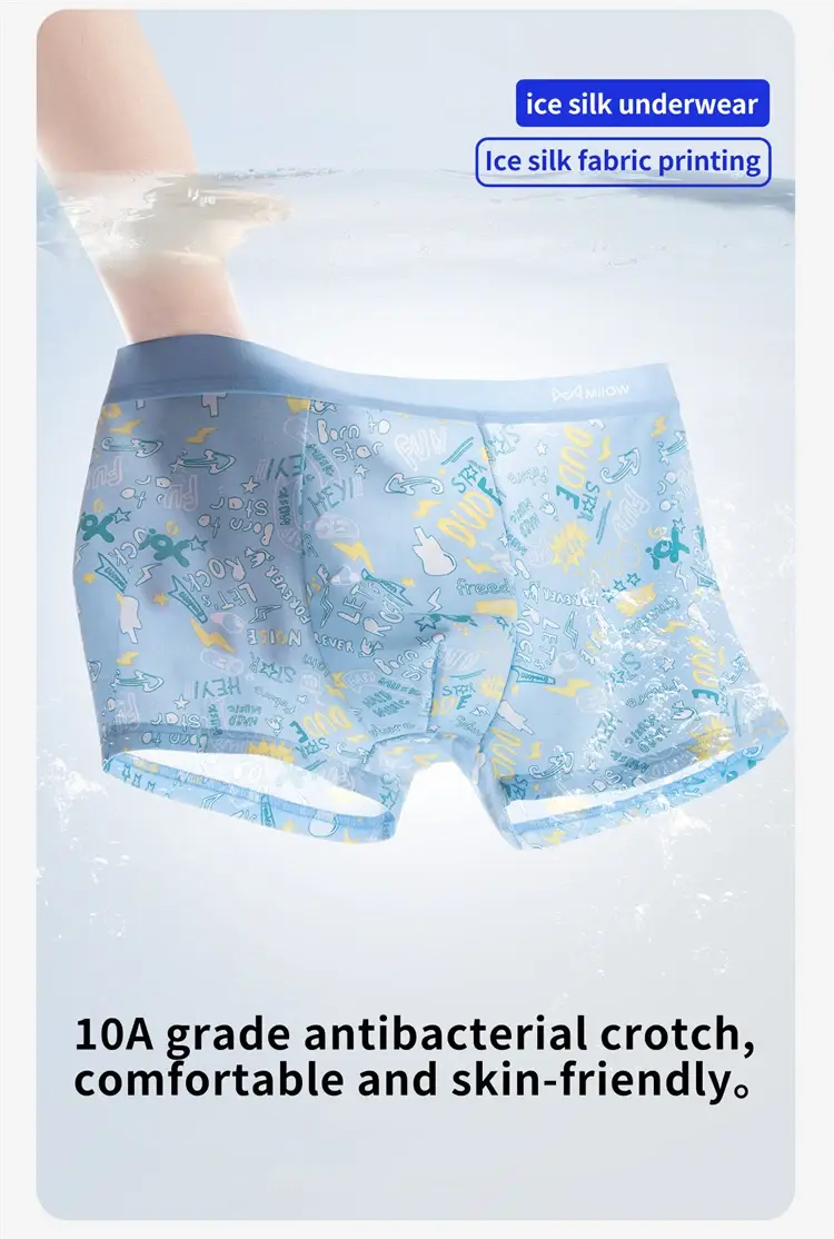 MiiOW 4Pcs Ice Silk Men Boxers 10A Antibacterial Crotch Man Panties Underpants Breathable Cartoon Print Men's Underwear Trunks — image 1