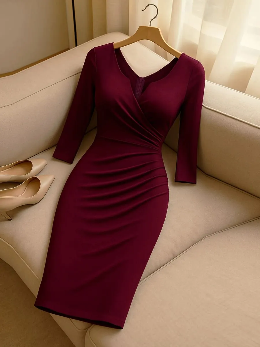 Women Vintage 2/3 Sleeve Deep V-Neck Ruched Slim Knee Length Cocktail Party Wrap Sheath Bodycon Pencil Dress — image 6