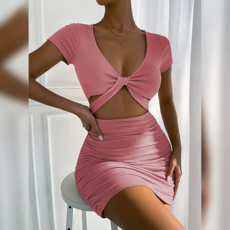 2022 Summer V Neck Hollow Out Cross Bodycon Dresses Women's Solid Backless Ruched Sexy Mini Dress Y2k Party Club Elegant Dresses