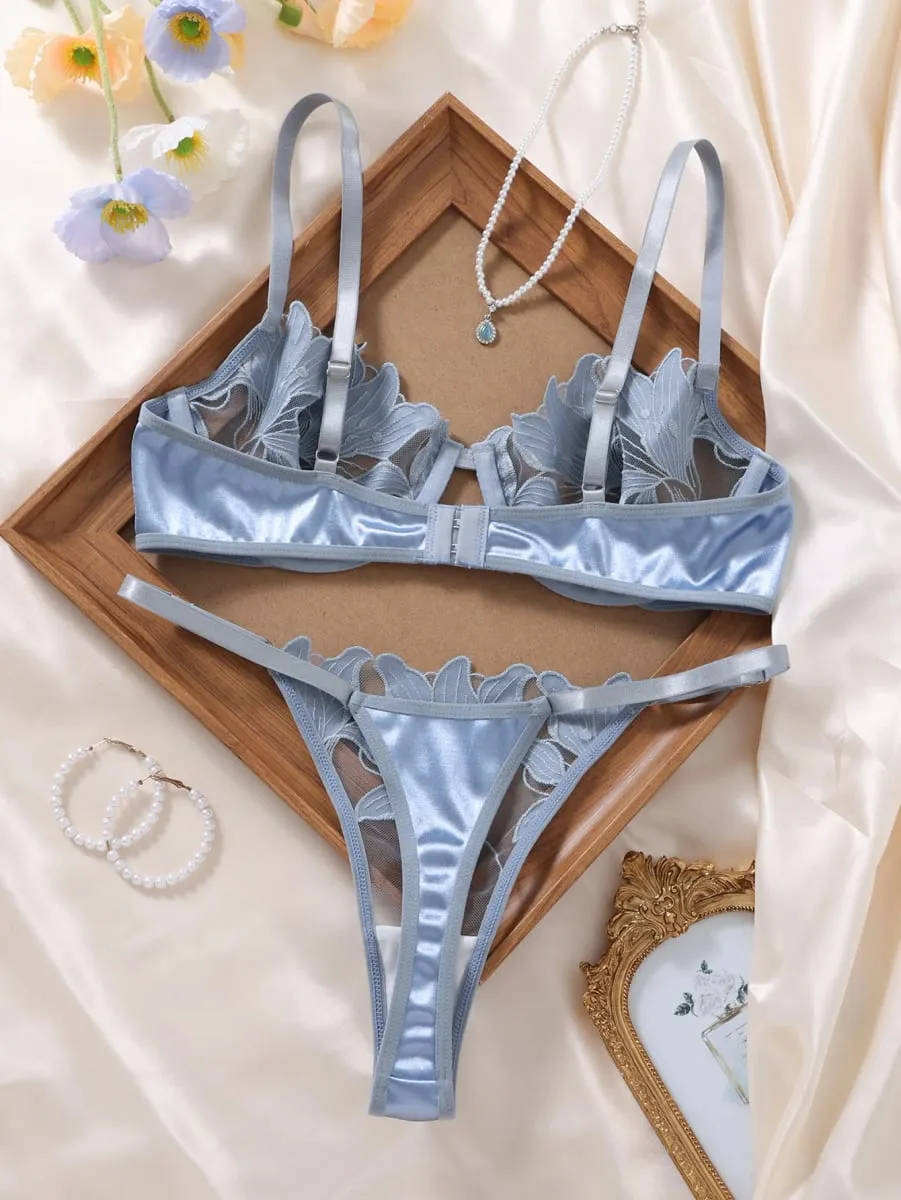 Silver Blue Floral Embroidery Lingerie Set Satin Mesh Underwire Bra Thong Women Intimate Underwear Honeymoon Boudoir ZA824031