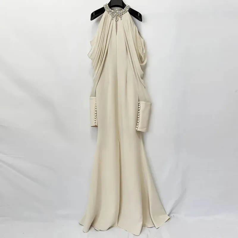 Fashionable wedding socialite long dress evening gown women's dress celebrity studded diamond long sleeve party dress