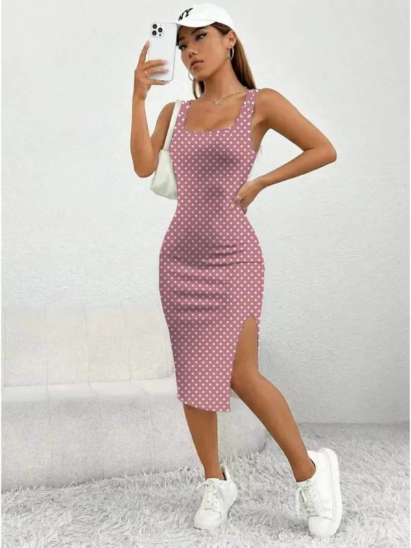 Women's Casual Elegant Thick Strap Square Neck Sleeveless Polka Dot Printed Slit Dress Mid-Length Skirt