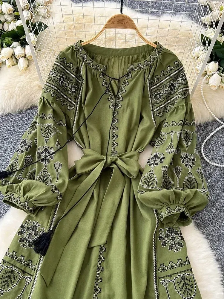 Boêmio retro estilo étnico vestido feminino nova primavera outono bordado rendas até lanterna mangas cintura cinching vestido longo a155