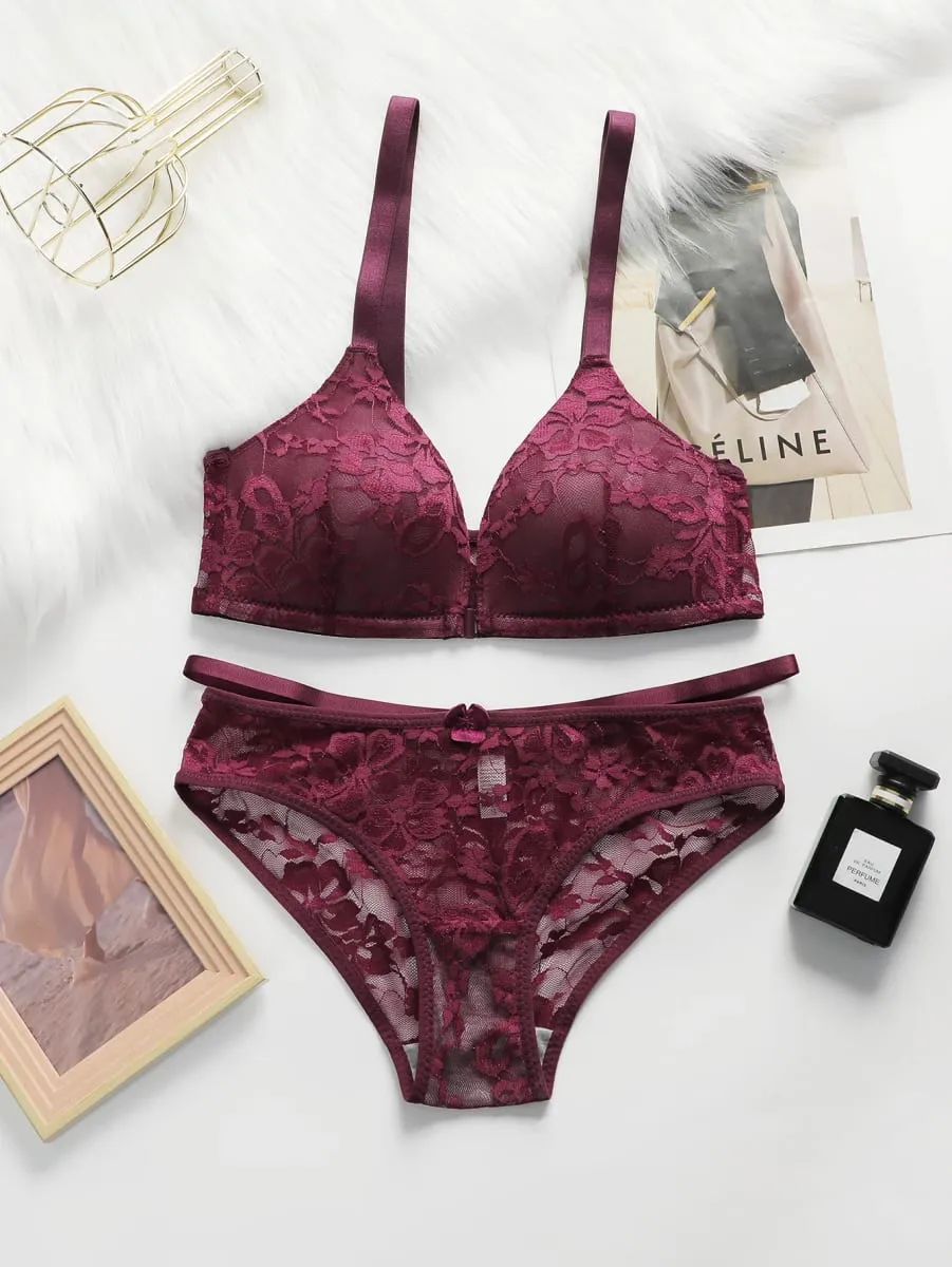 Women Sheer Lace Bra Set Front Hook Closure Wireless V Neck Brassiere Burgundy Floral Lace Underwear Panties Suit Sexy Lingerie