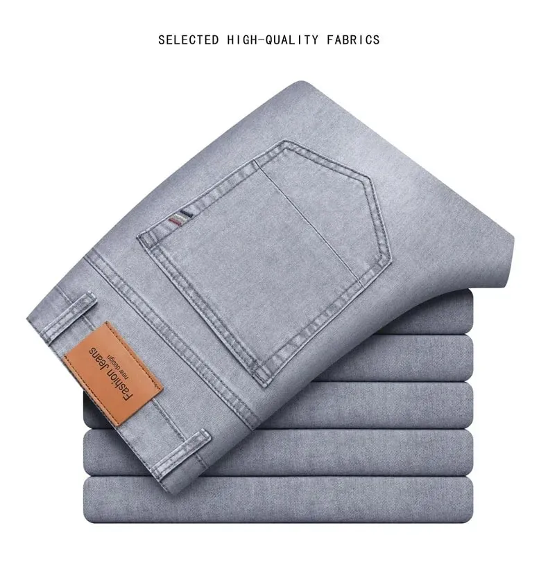 Celana Jeans Melar Katun Ringan Lurus Cocok untuk Pria Merek Musim Panas Celana Pria Jeans Abu-abu Muda Tipis Pinggang Tinggi Kasual Bisnis — image 9