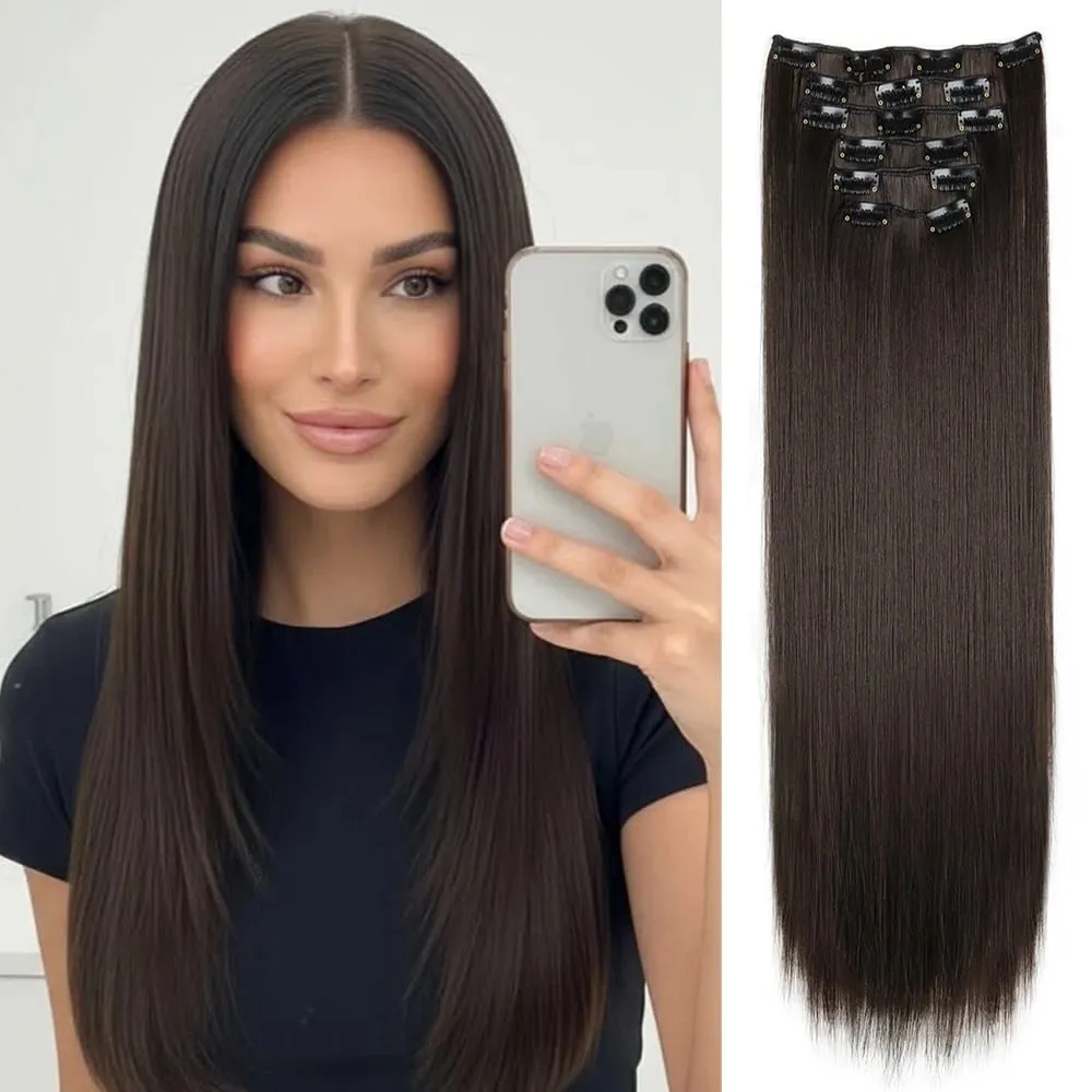 Black Hair Extensions 24"/60cm 6pcs/set Women Long Straight Synthetic Full Head Clip 16 Clips Ombre Heat Resistant Fiber Hair