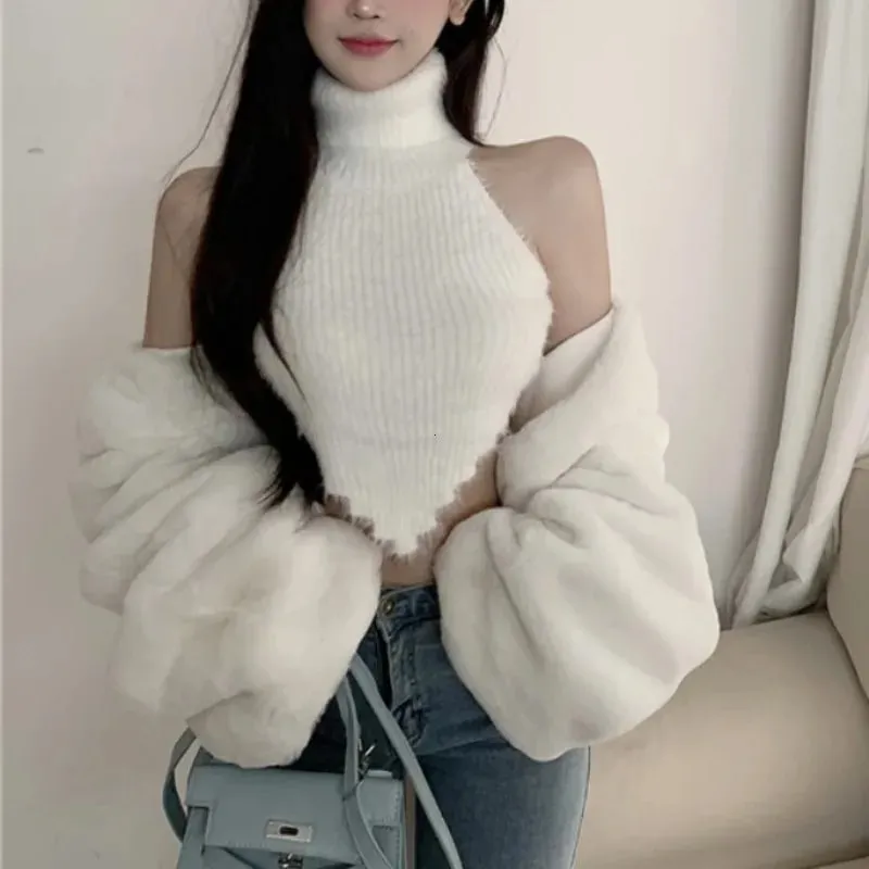 Sexy Tanks Women Knitted Hot Chic Backless Turtleneck Short Sleeveless Off Shoulder Popular Streetwear Corrugated Edge Female — image 2