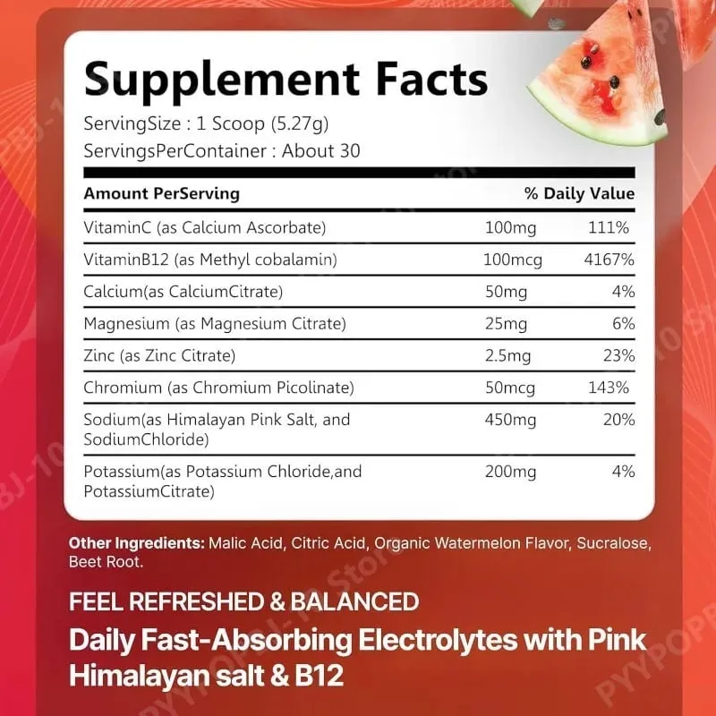 Electrolyte Supplements Watermelon Flavor Sugar Free Hydration Mix with Sodium Potassium Magnesium Calcium Travel Jar