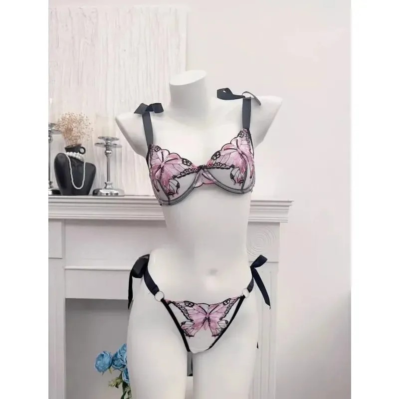Butterfly Embroidery French Lace Bra Sheer Net Elastic Straps No Padding Romantic Womens Lingerie Set S-XL Soft Comfy — image 5