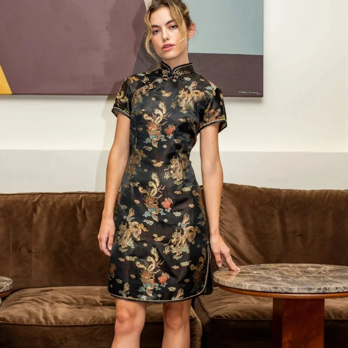 Black Traditional Chinese Women Qipao Dress Sexy Short Mini Cheongsam Handmade Button Flower Large Size 3XL 4XL 5XL 6XL