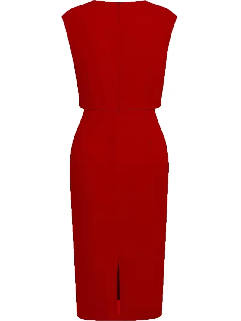 Women Red Elegant Sleeveless V Neck Ruched Slim Work Cocktail Party Summer Bodycon Pencil Midi Dress — image 2