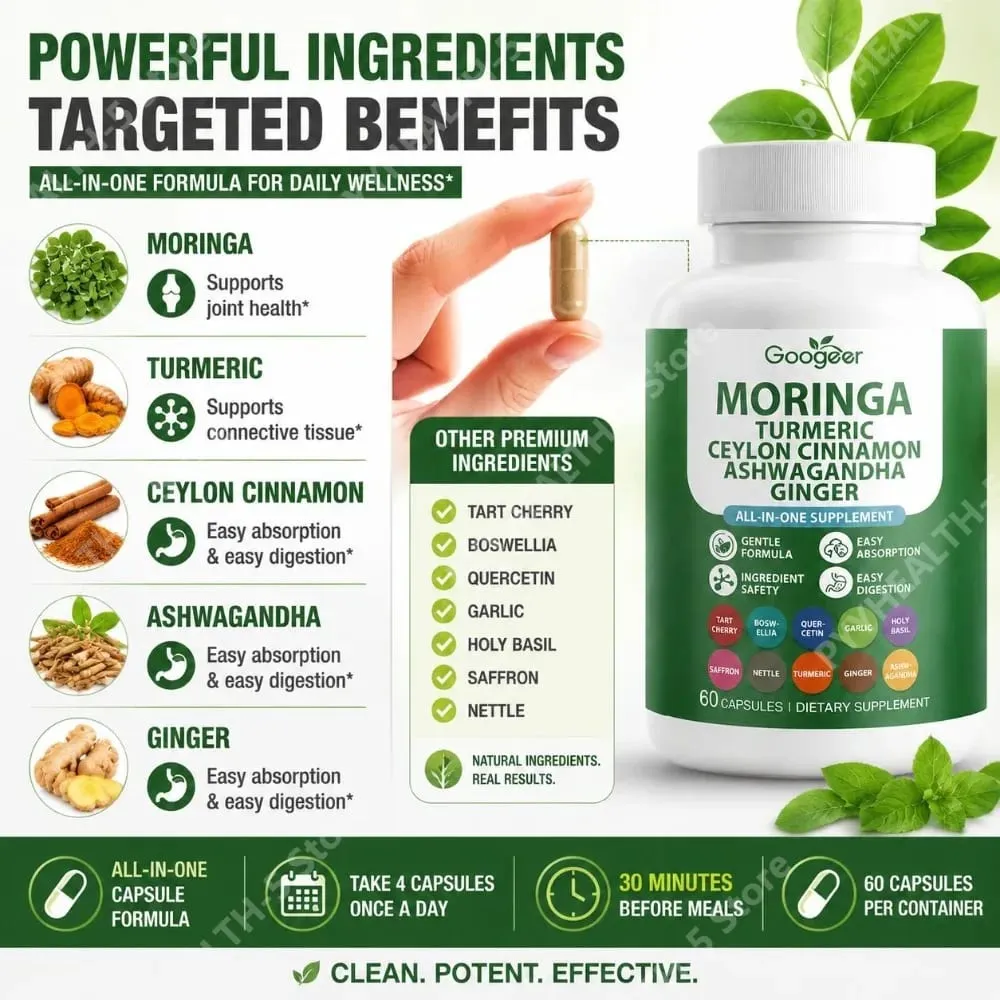 Googeer Moringa Turmeric Capsules All-in-one for Joint Health Support with Ashwagandha Ginger and Ceylon Cinnamon 60 Capsules — image 4