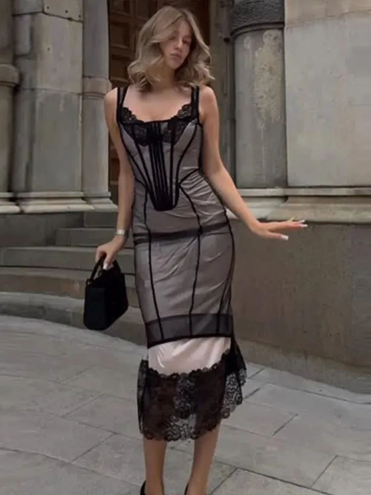 Sheer Mesh Overlay Spaghetti Strap Midi Dress Waist Cinched Sleeveless 2026 Summer Women Accessories Trendy Classy Lady Outfit