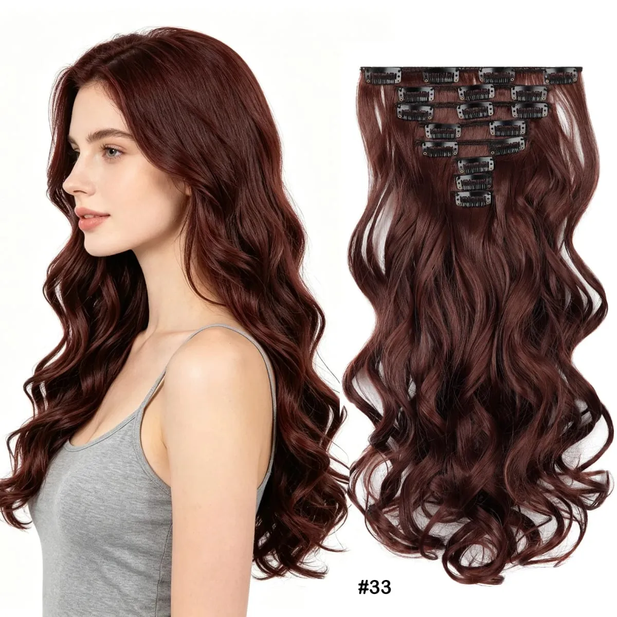 Clip in Hair Extensions Set Full Head 8Pieces With 17clips Synthetic Wavy Hair 20 Inch Matte Heat Resistant Multi Colors