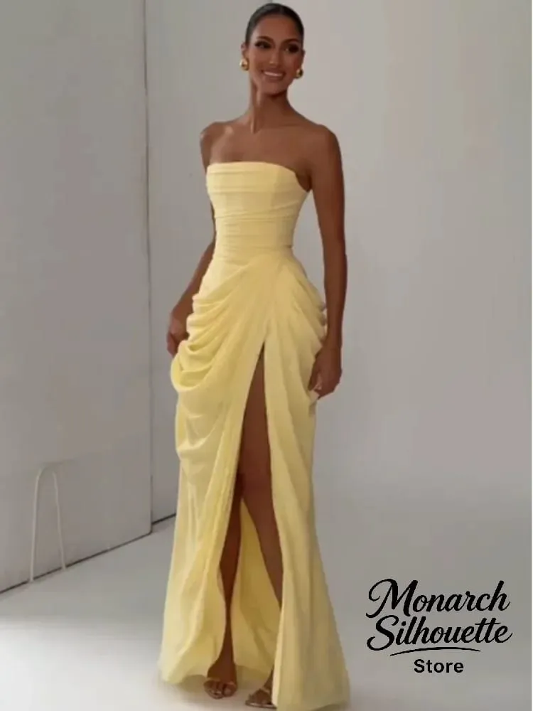 Elegant Yellow Strapless Pleated Long Dress Women Chic Solid Sleeveless Waist Cinching Split Gown 2026 Lady Evening Party Robes