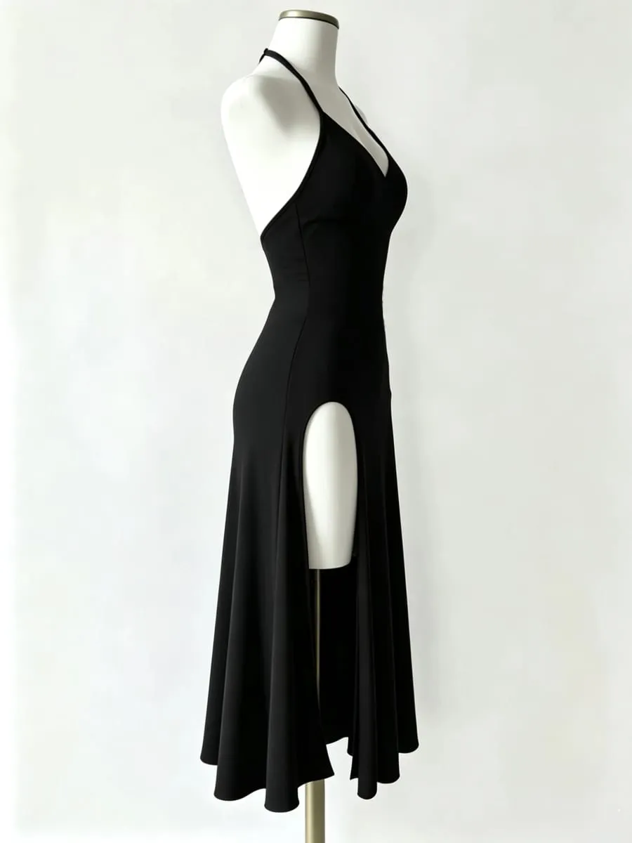 Atmospheric and Stylish Little Black Dress with Thin Halter Neck Deep V-Neck Waist-Cinching Design High Slits on Both Sides and a Flowing Slimming Long Gown