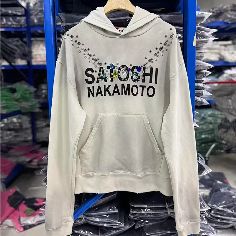 26SS Autumn Winter New Arrival Satoshi Nakamoto Hooded Sweatshirts Destructo Studded Washed Cotton Hooded Unisex Pullover