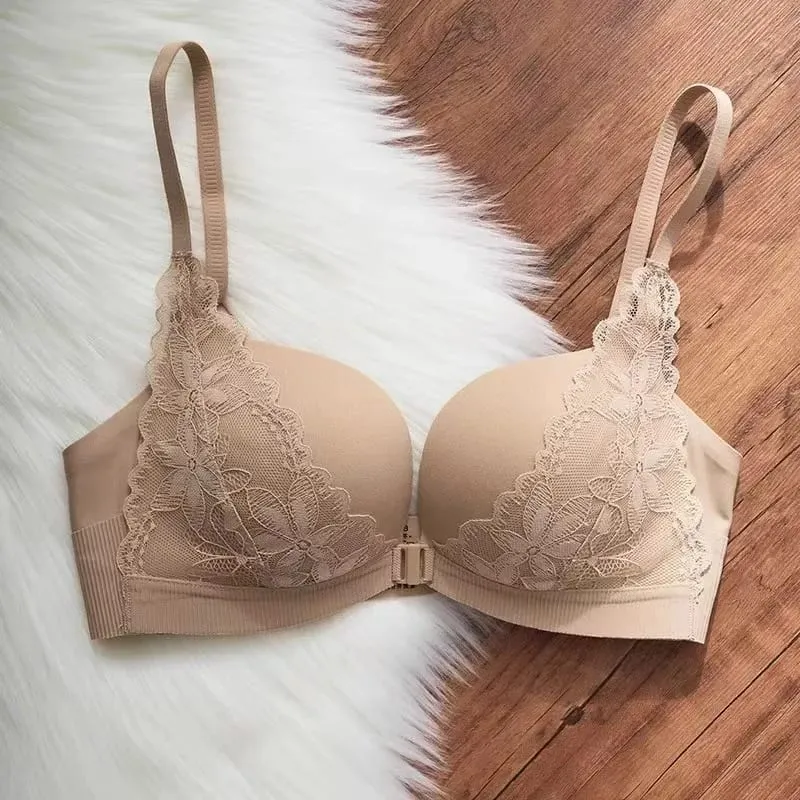 Sexy Lace Front Closure Push Up Bra Small Breast Gathering Anti-sagging U-shaped Backless Bra Lingerie For Women