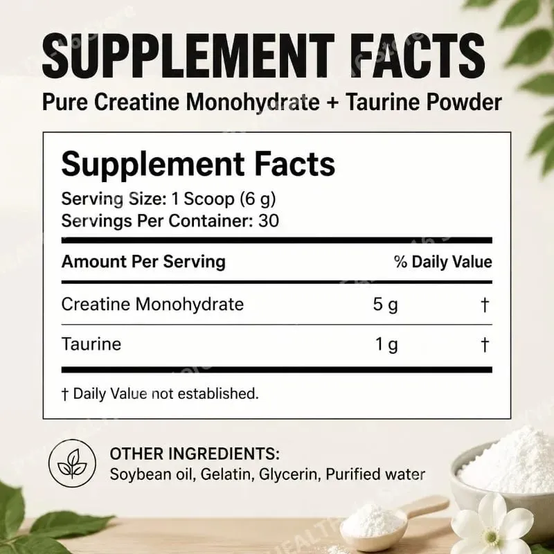 Creatine Monohydrate Taurine Powder Pure Unflavored Muscle Strength & Endurance Support Quick Dissolve 180g - 30 Servings — image 3