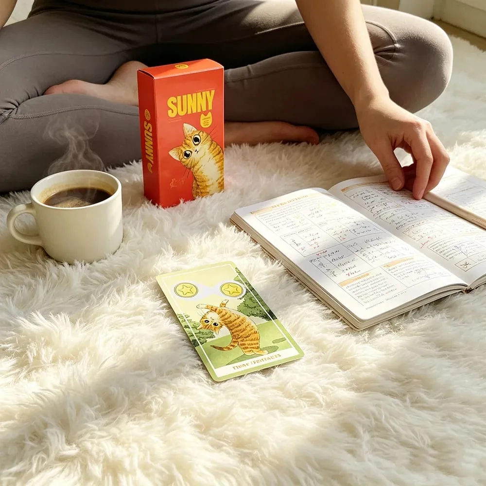 Sunny Cat Tarot Cards Fortune‑Telling Cards Game Spiritual Guidance Divination Cards Cute Witchcraft Gift for Women & Cat Lovers