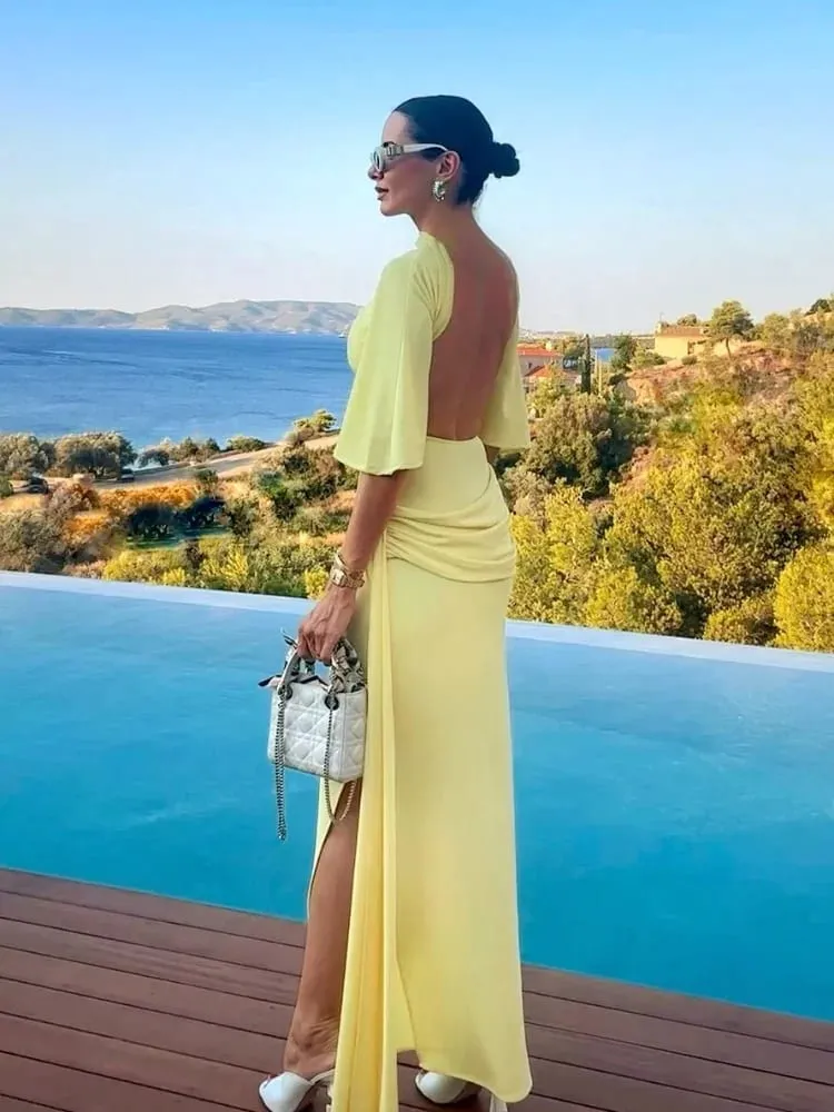 Women's Solid Yellow Backless Maxi Dress Elegant Split Slim Fit Pleated Half Sleeve Long Dresses 2025 High Street Summer Gowns
