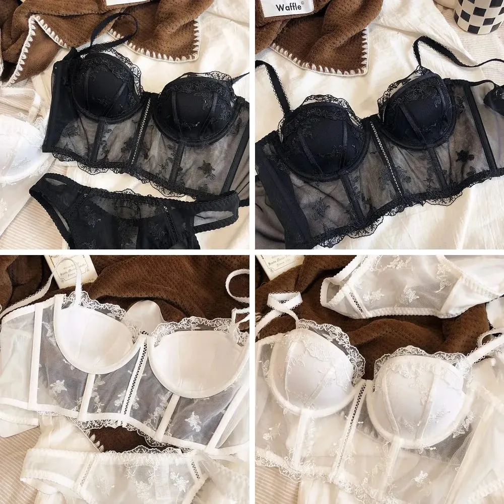 Retro Half Cup Embroidered Lace Bra & Panty Set Push Up Sexy Body Sculpting Lingerie — image 2