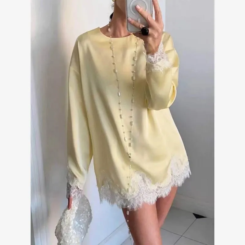 Women Light Blue Lace Satin Round Neck Dress Elegant Side Tie Long Sleeve Soft Short Gown 2026 Daily Vacation Party Sundress — image 2