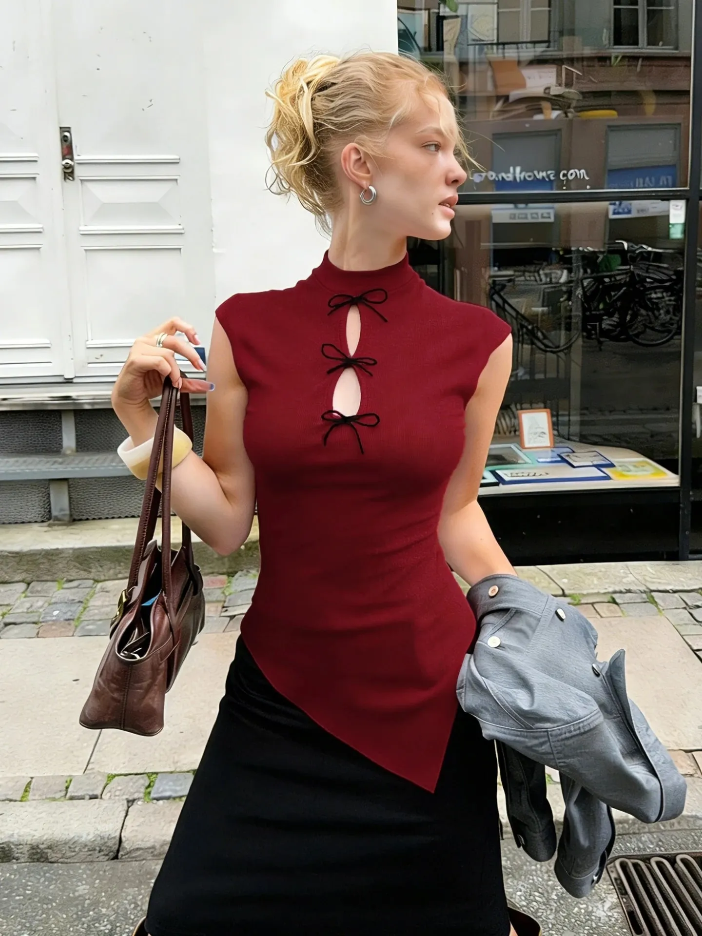 Dulzura High Neck Hollow Out Bow Irregular Slim Fit Top Women'S Solid Sexy Casual Y2K Top Party Club Street Style Summer Clothes