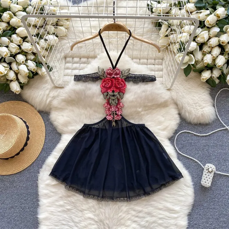 Woman Embroidery Floral Mesh Fashion Sexy Dress Chinese Style Short Sleeve Split Hollow Out Cheongsam New Gauze Sheer Dress — image 13