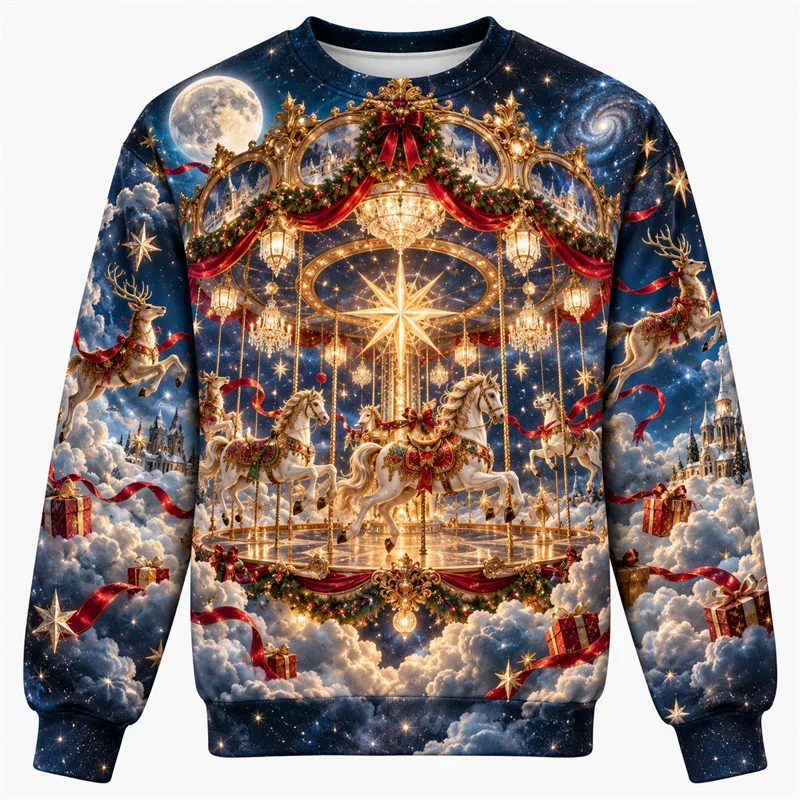 Christmas Fantasy Sweatshirt Train Castle Carousel Angel Polar Bear Crewneck Xmas Pullover Holiday Party Streetwear Gift Top