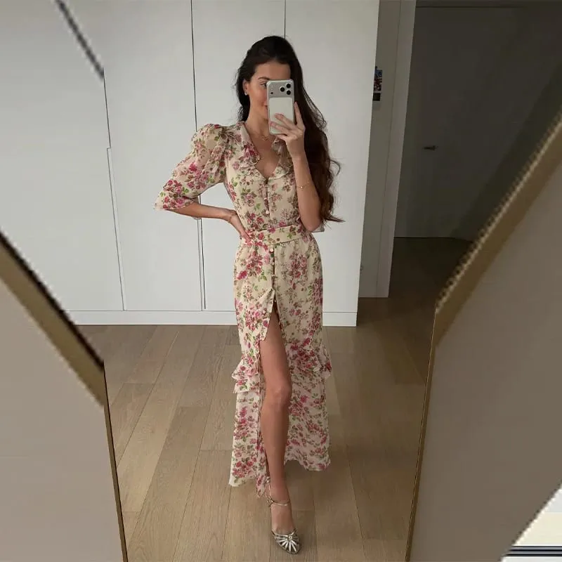 Elegant Ruffle Women's Long Dresses V Neck Half Sleeve Button Waist Cinching Pleated Dress 2026 Spring Lady Fashion Party Robes