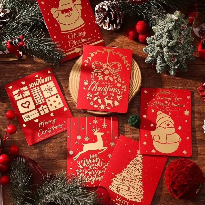 10Pcs Vintage Gold Foil Christmas Folding Greeting Cards Multi Pattern Blessing Holiday Cards New Year Postcard Gift Cards