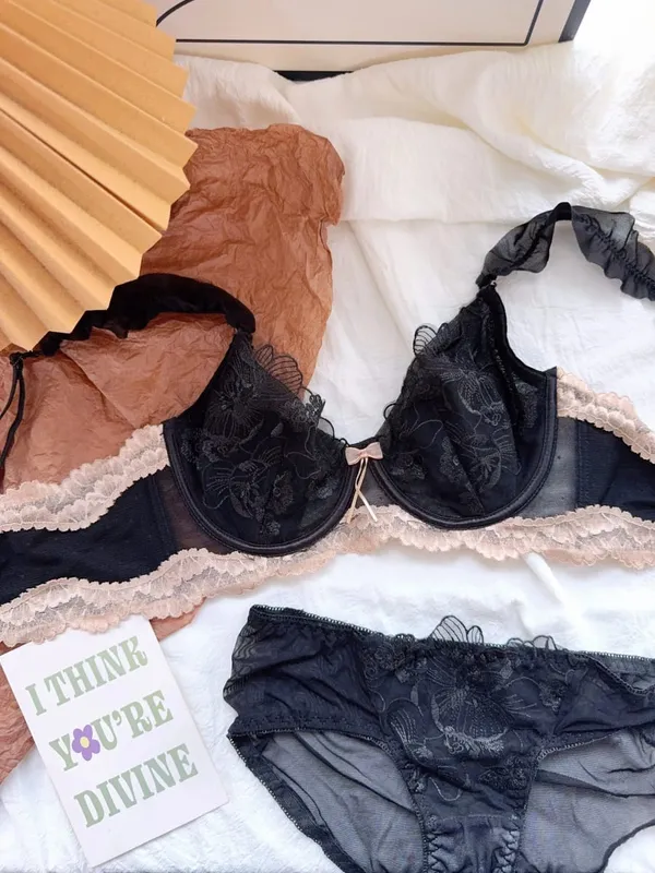 Lace Floral French Bra Set Soft Underwire Ultra Thin Bunny Cup Plus Size Minimizer Bra Sexy Lingerie Set For Women Daily Wear